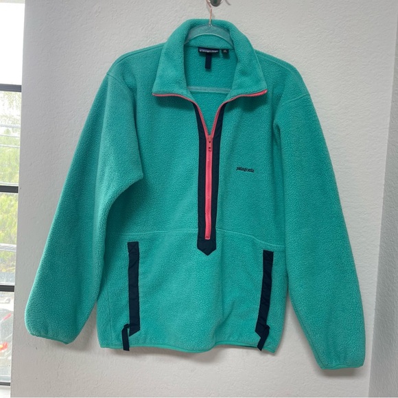 Vintage 80s Patagonia Fleece Half Zip Pullover Teal Pink Made in the USA Medium - Picture 1 of 5